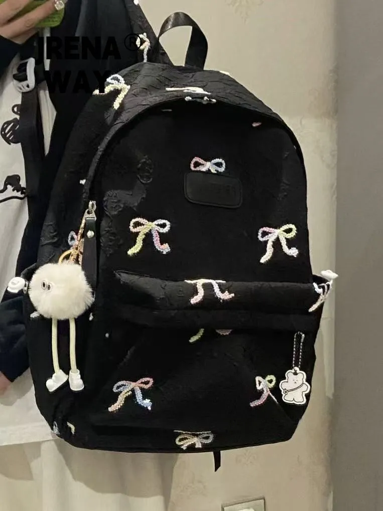 Cute Backpack for Girls Large Capacity Student Bookbag with Bow Embroidery - 1