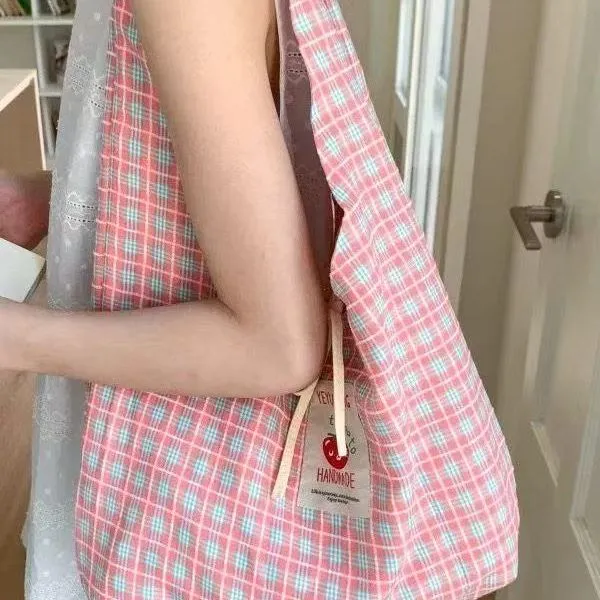 Plaid Tote Bag Large Capacity Canvas Shoulder Bag for School Commute - 2