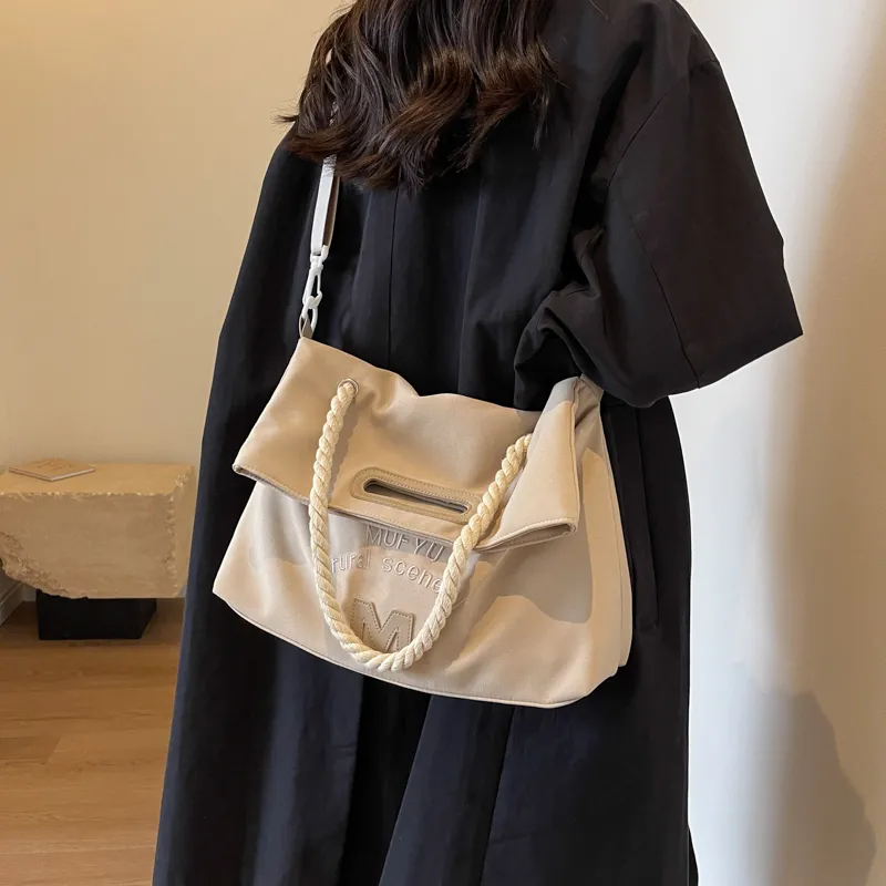 Canvas Tote Bag with Embroidery, Large Capacity Shoulder Bag for Women - 3
