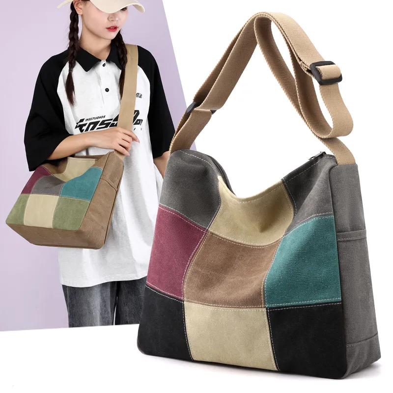 Color Block Shoulder Bag, Lightweight Canvas Tote for Women, High-Quality Commuter Bag - 3
