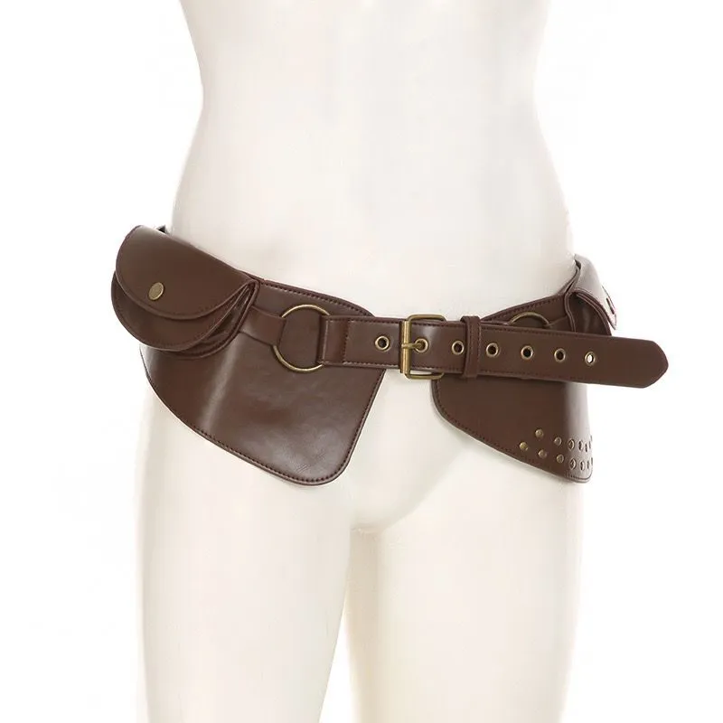 Western Style Rivet Corset Belt with Buckle, Brown PU Leather Waist Cincher - 3