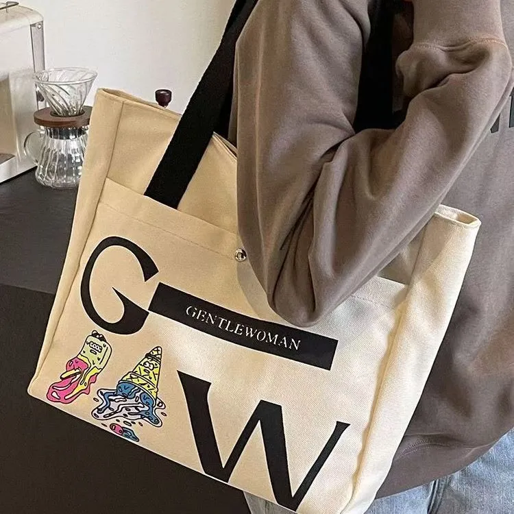 Large Tote Bag for Women, 16L Canvas Shopper with Print, Zipper Closure - 3
