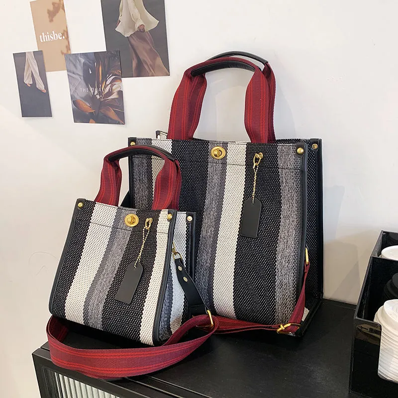 Canvas Tote Bag for Women, Striped Shoulder Bag for Commute & Work - 4