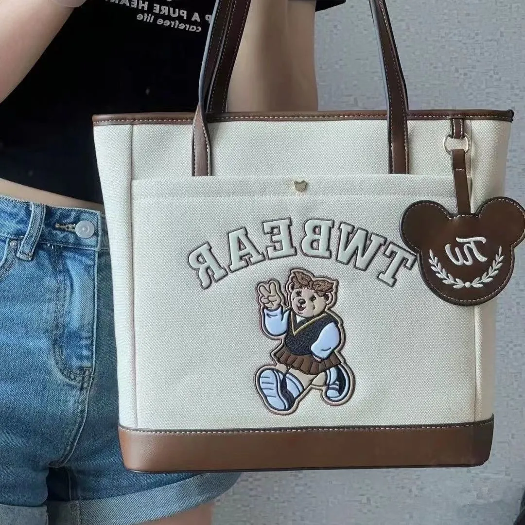 Canvas Tote Bag with Bear Embroidery, Large Capacity for School & Commute - 1