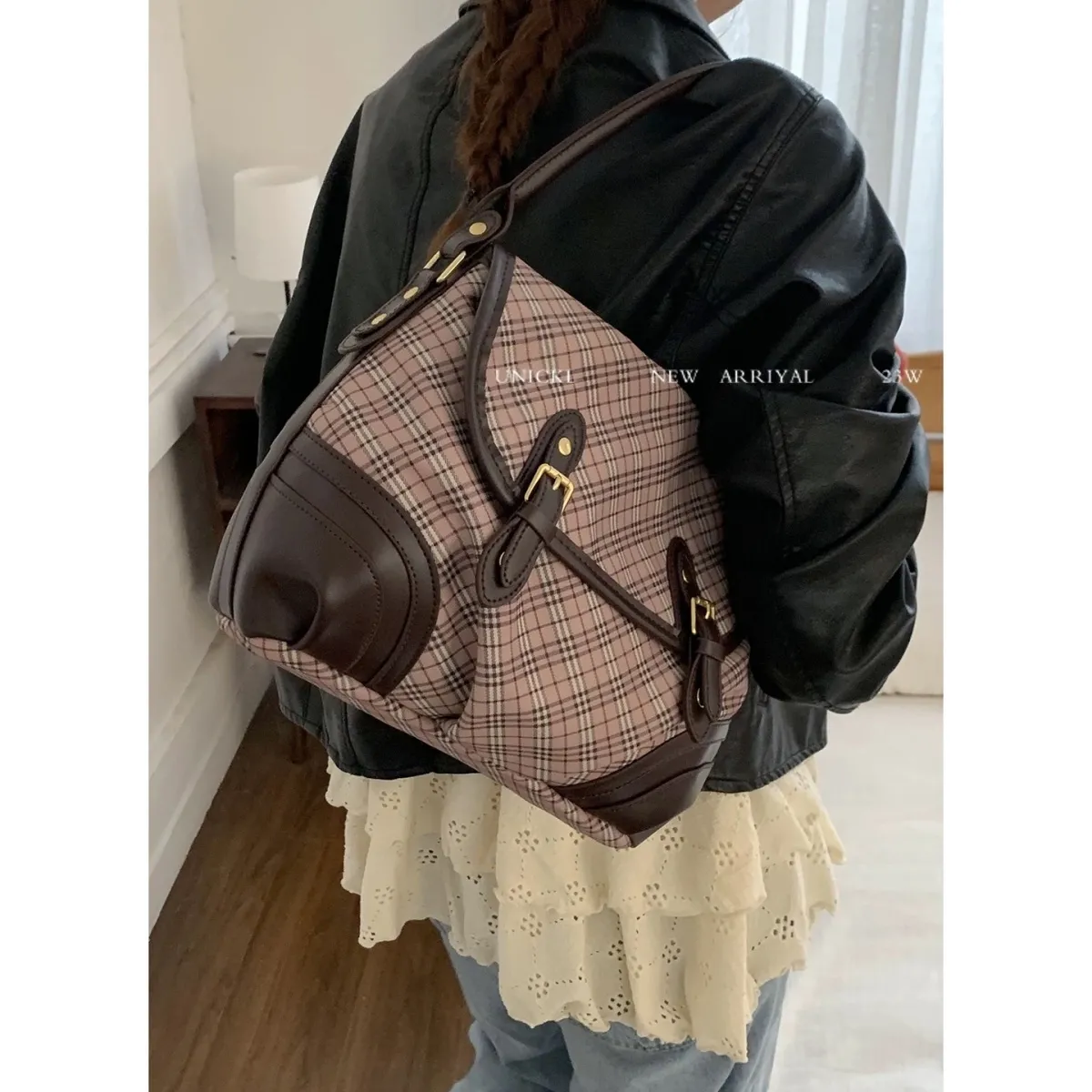 Vintage Plaid Handbag 2025 New Women's Saddle Crossbody Shoulder Bag - 4