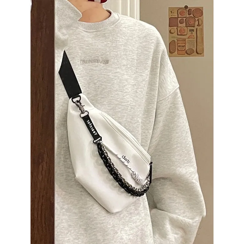 Geometric Saddle Crossbody Bag with Chain Strap for Women, White & Black - 3