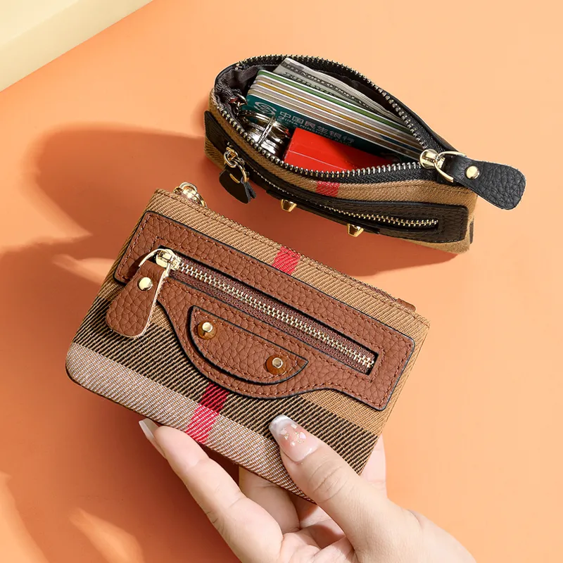 Mini Slim Coin Purse Women's Genuine Leather & Canvas Retro Plaid Key Wallet - 1