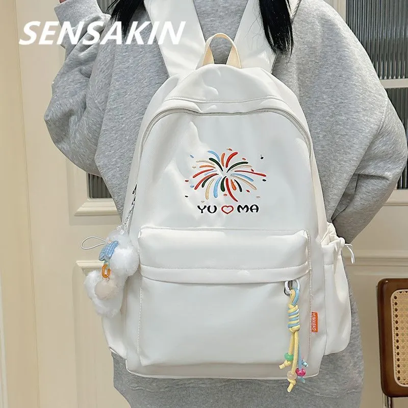Cute Pastel Backpack for Women, Large Capacity Nylon School Bag with Embroidery - 5