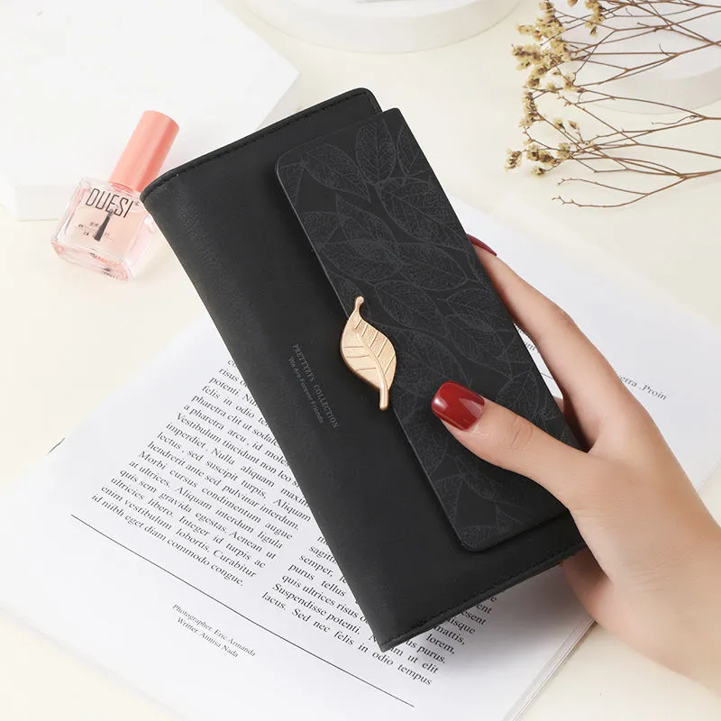 Women's Long Wallet 2025 Retro Matte Leaf Design Slim Purse Fashion Clutch - 5