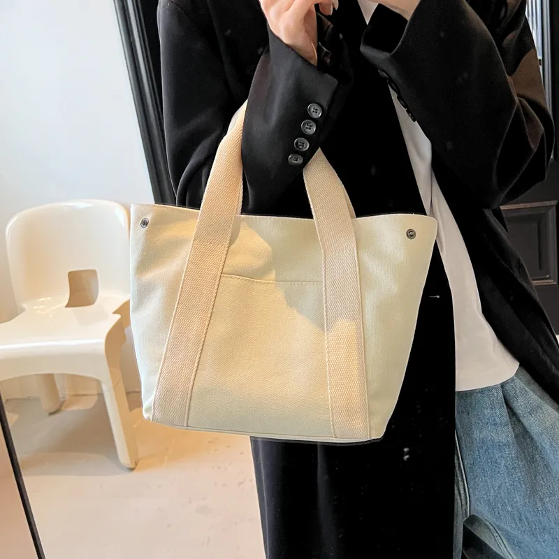 Canvas Lunch Bag for Work, Japanese Bento Tote with Color Block Design - 3