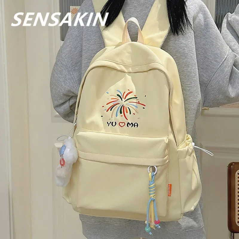 Cute Pastel Backpack for Women, Large Capacity Nylon School Bag with Embroidery - 1
