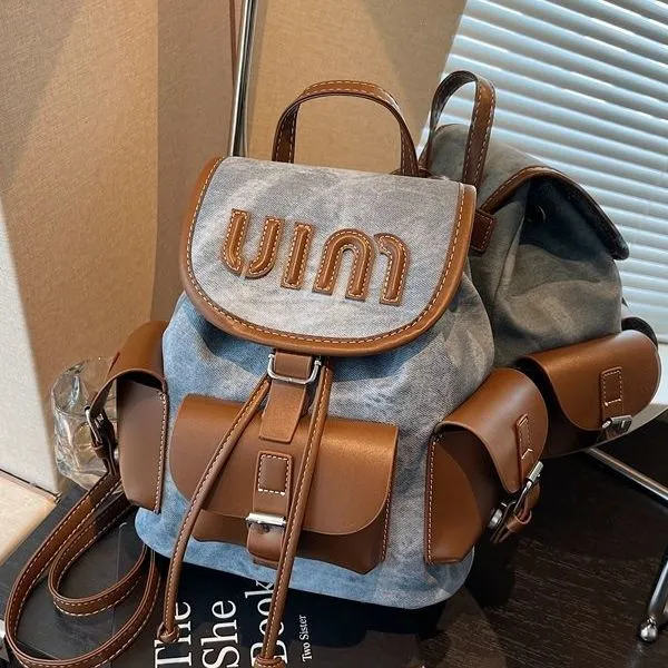 Retro Color Block Backpack, Multi-Pocket PU Shoulder Bag for Commute - 2