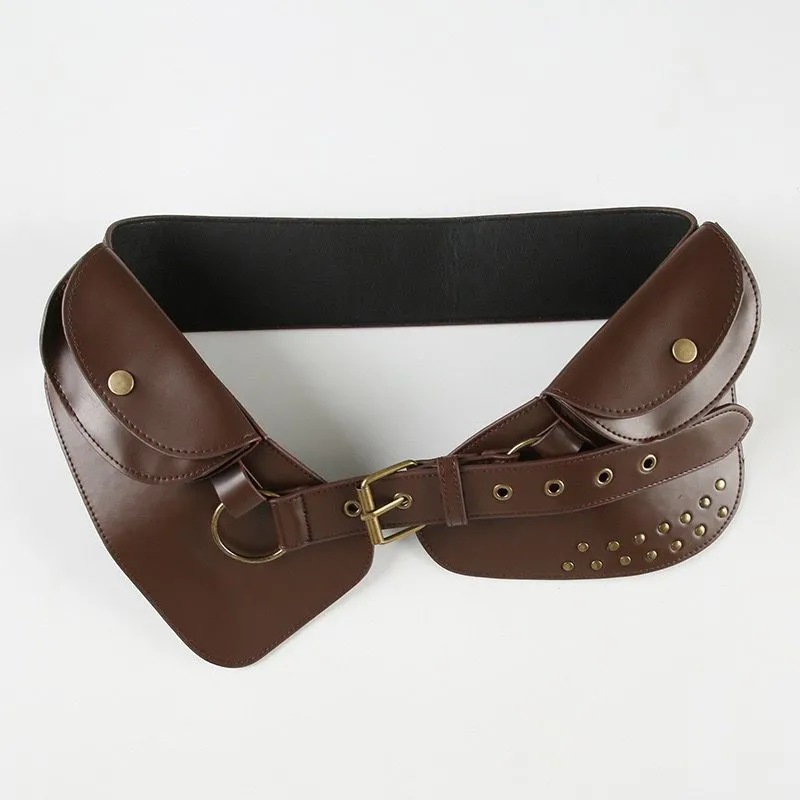Western Style Rivet Corset Belt with Buckle, Brown PU Leather Waist Cincher - 4