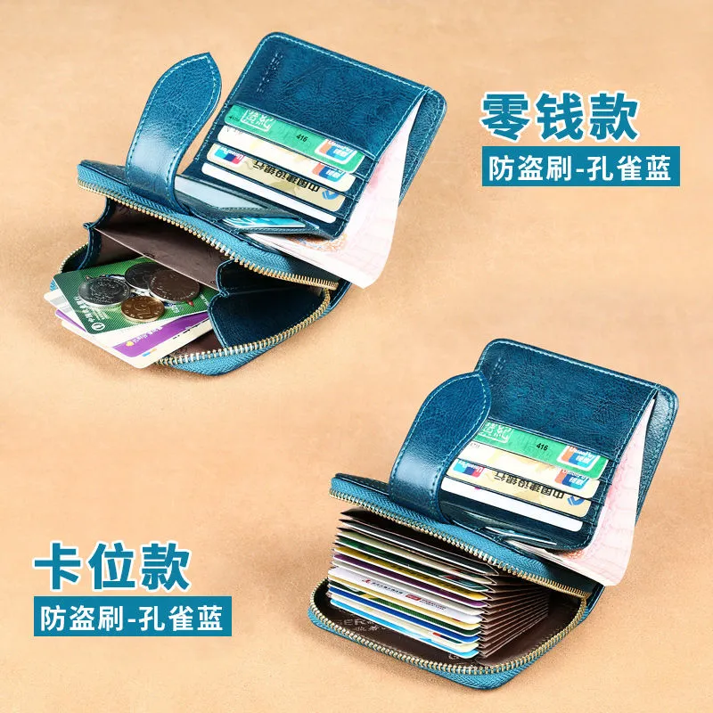 Leather Card Holder Wallet Women's Compact Multi Card RFID Blocking Foldable - 2