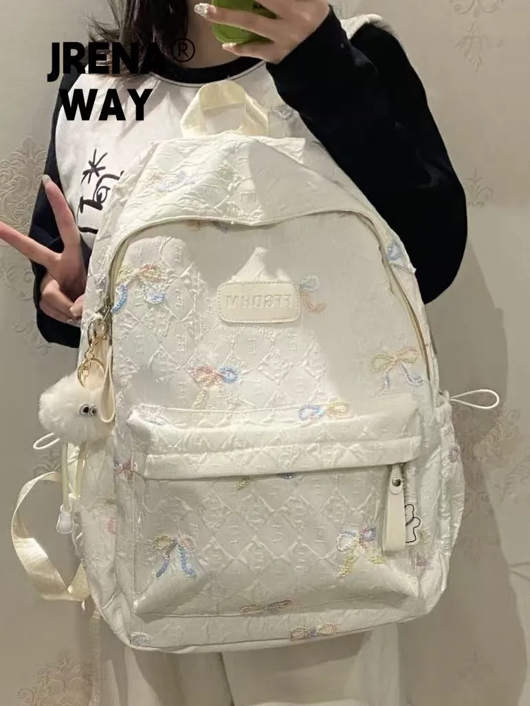 Cute Backpack for Girls Large Capacity Student Bookbag with Bow Embroidery - 2