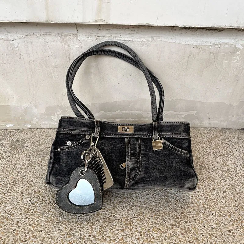 Vintage Lock Key Shoulder Bag, Distressed Kelly Crossbody, Denim Tote - 1