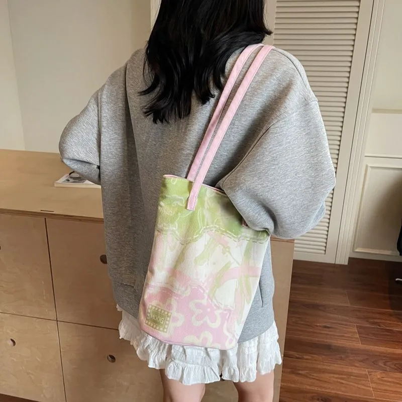 Green & Pink Canvas Tote Bag for Women, Large Capacity Simple Commuter Bag - 3