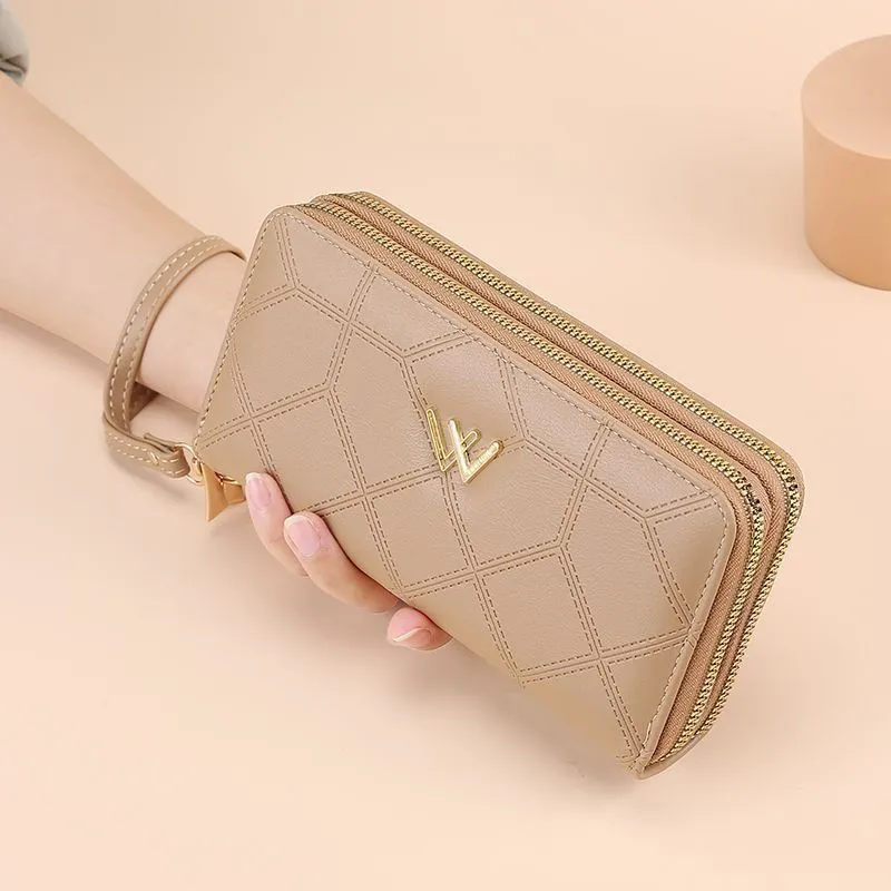 2025 Women's Long Wallet Double Layer Zipper Checkered Pattern Handbag - 2