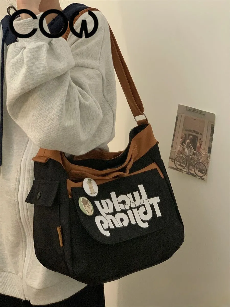 Canvas Shoulder Bag Women Large Capacity Crossbody Bag Retro College Style - 5