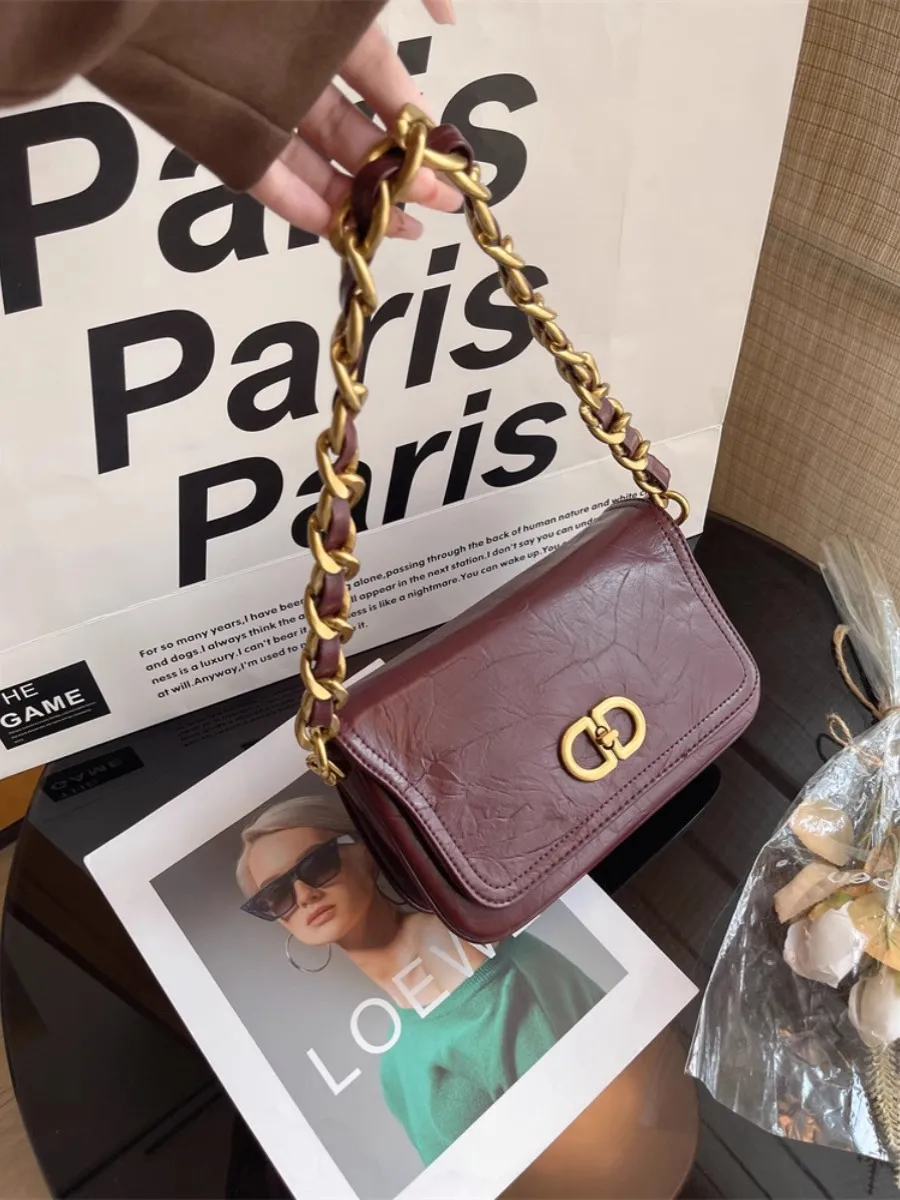 2024 Wrinkled Chain Underarm Bag Retro Commute Crossbody PU Shoulder Bag - 3