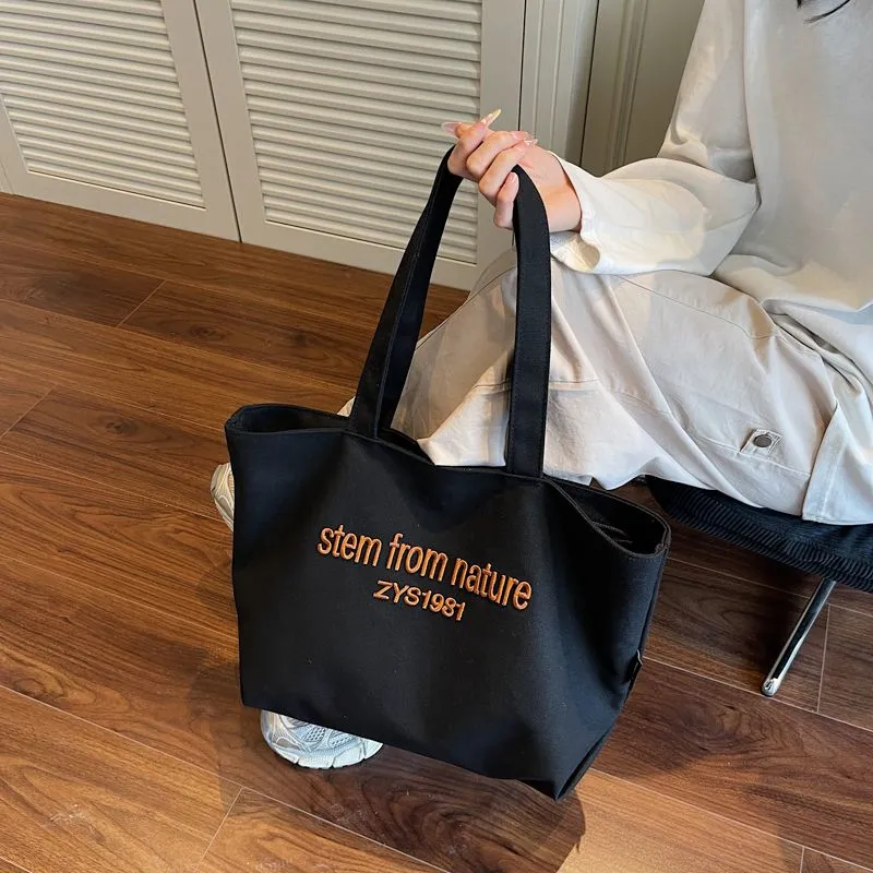 Canvas Tote Bag with Letter Embroidery, Large Capacity Commuter Bag - 1