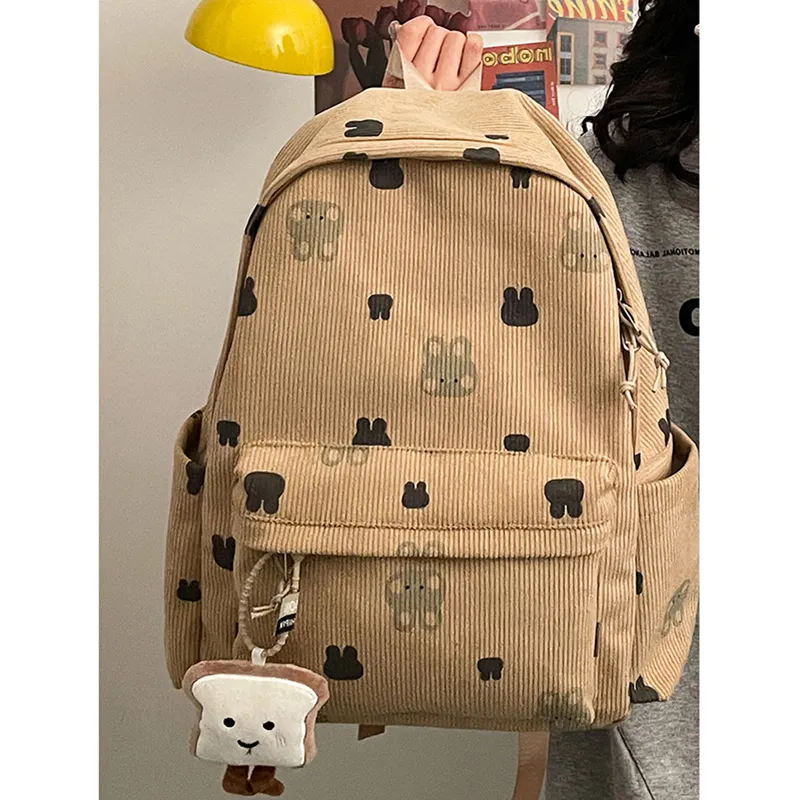 Cute Bear Backpack Women Corduroy Large Capacity School Bag - 5