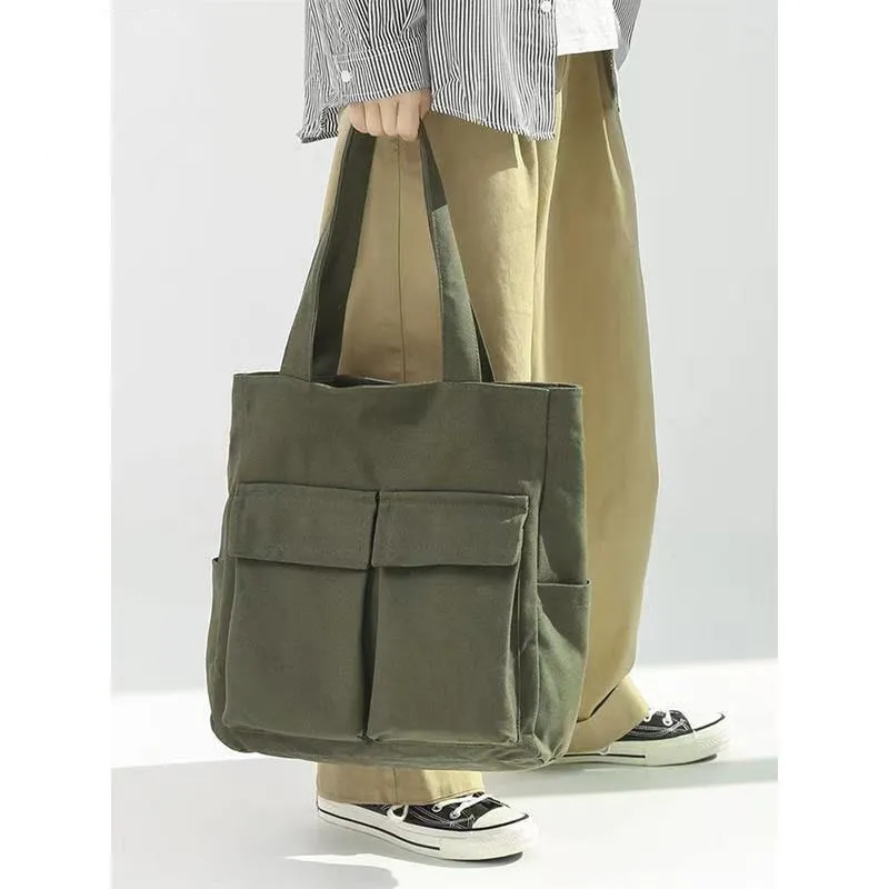 Japanese Style Canvas Tote Bag Large Capacity Handbag Commute Green - 1