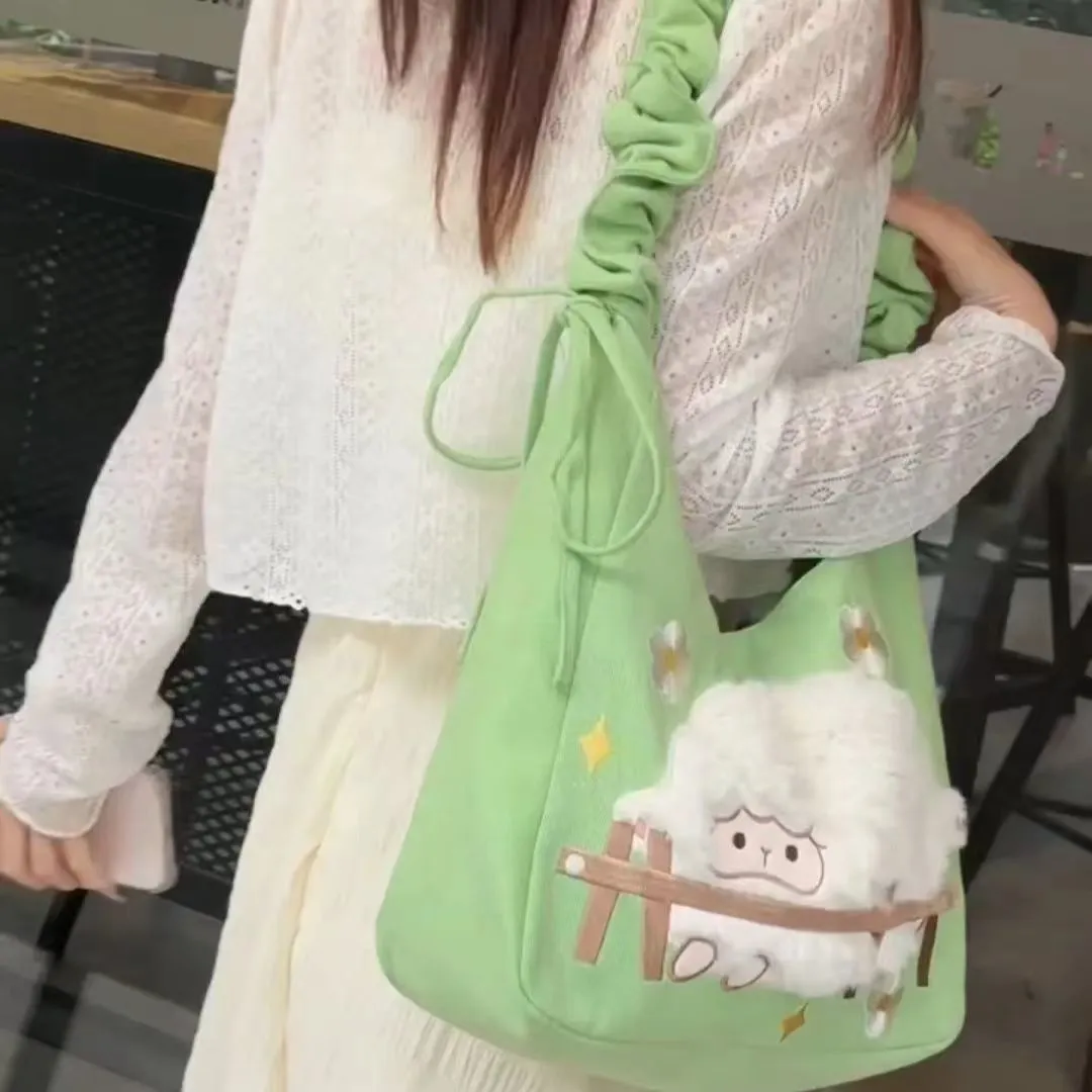 Faux Fur Garden Lamb Shoulder Bag 2024 Cute Canvas Tote for Students - 2