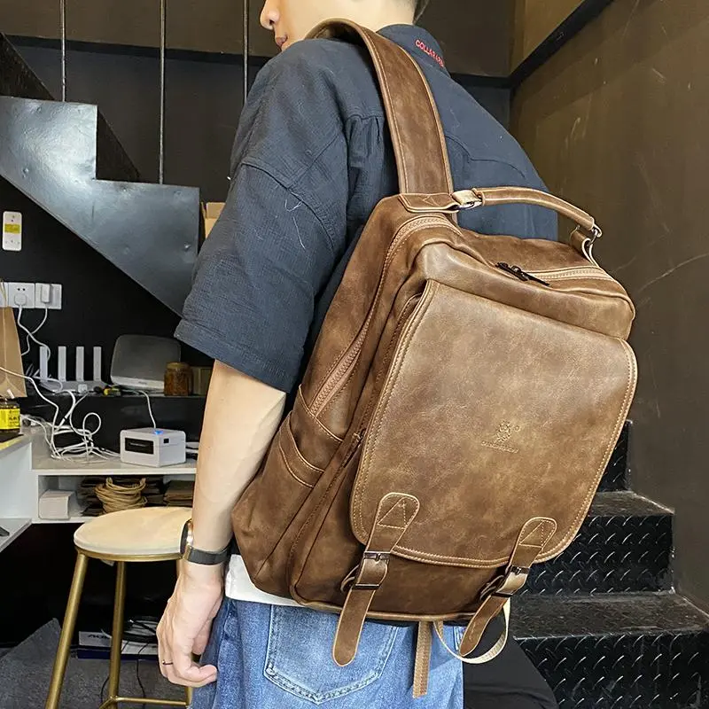 Men's PU Backpack with USB Charging, Large Capacity Retro Square Outdoor Daypack - 4