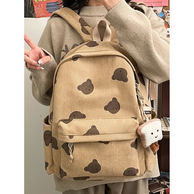 Cute Bear Backpack Women Corduroy Large Capacity School Bag - 4