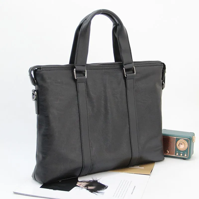 Men's Business Laptop Briefcase, Black PU Leather Shoulder Bag for Work - 1