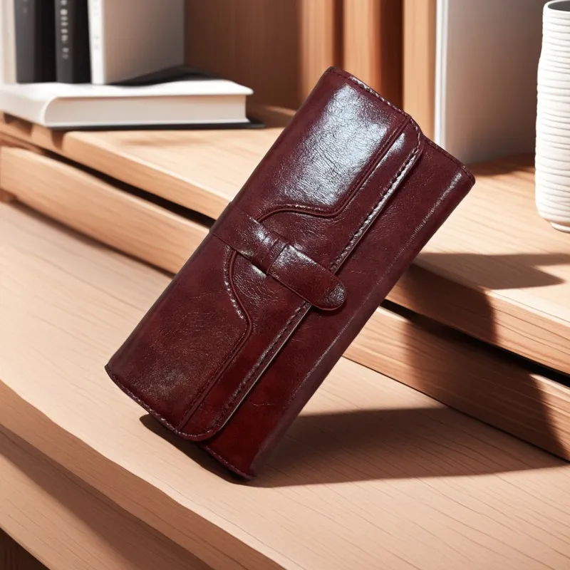 Vintage Waxed Leather Women's Long Wallet Large Capacity Coin Purse 2025 - 1