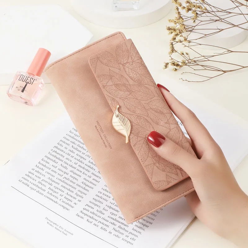Women's Long Wallet 2025 Retro Matte Leaf Design Slim Purse Fashion Clutch - 1