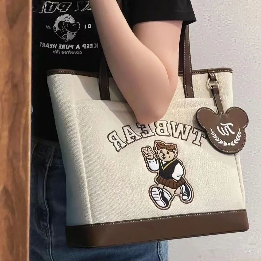 Canvas Tote Bag with Bear Embroidery, Large Capacity for School & Commute - 2