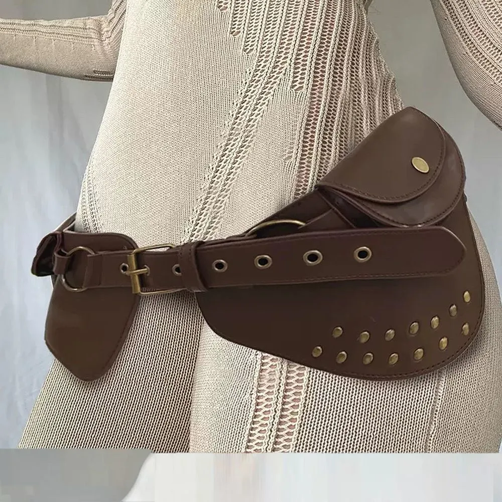 Western Style Rivet Corset Belt with Buckle, Brown PU Leather Waist Cincher - 1