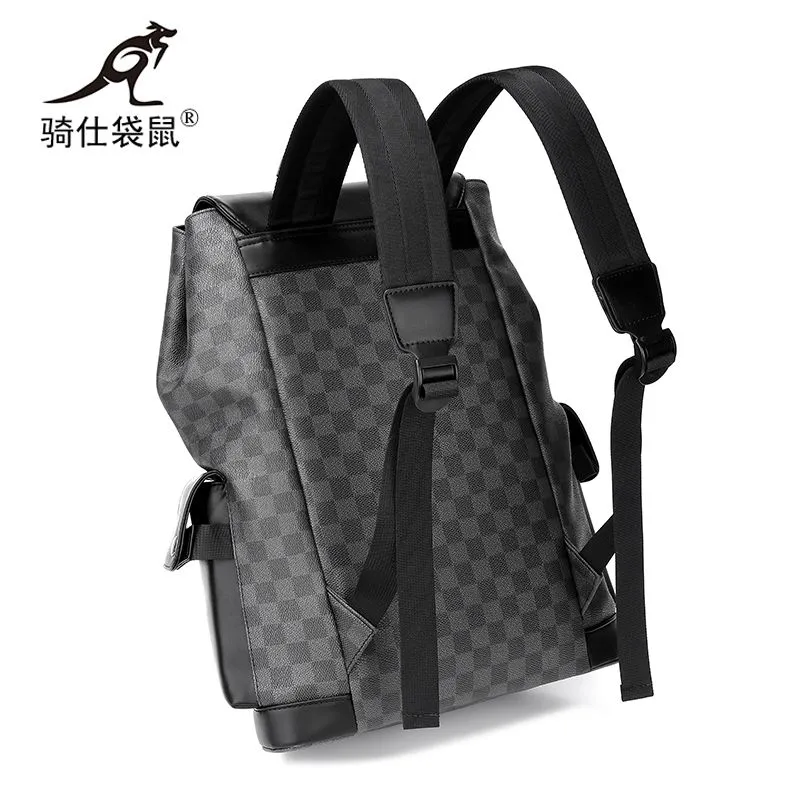 Men's Checkerboard Backpack Large Capacity Laptop Travel Bag PU Material - 4