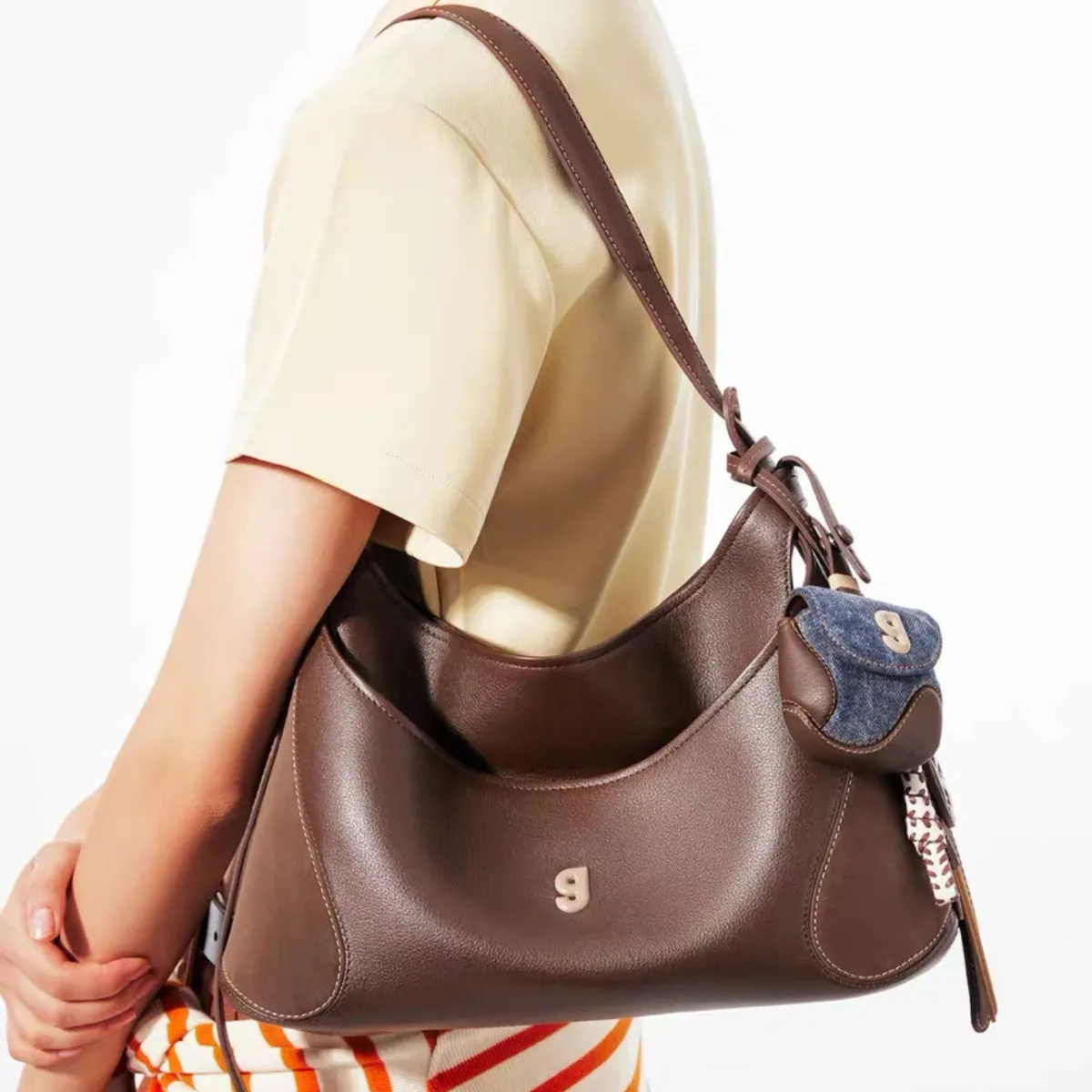 Baseball Hobo Bag Small Crossbody Bag Brown Leather Shoulder Bag - 2