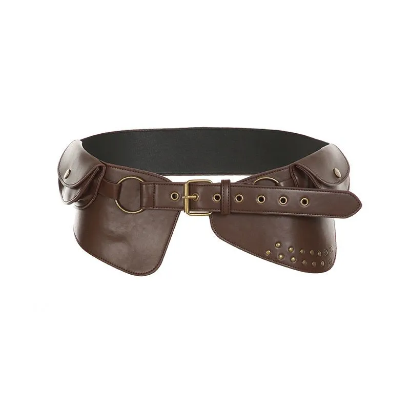 Western Style Rivet Corset Belt with Buckle, Brown PU Leather Waist Cincher - 5