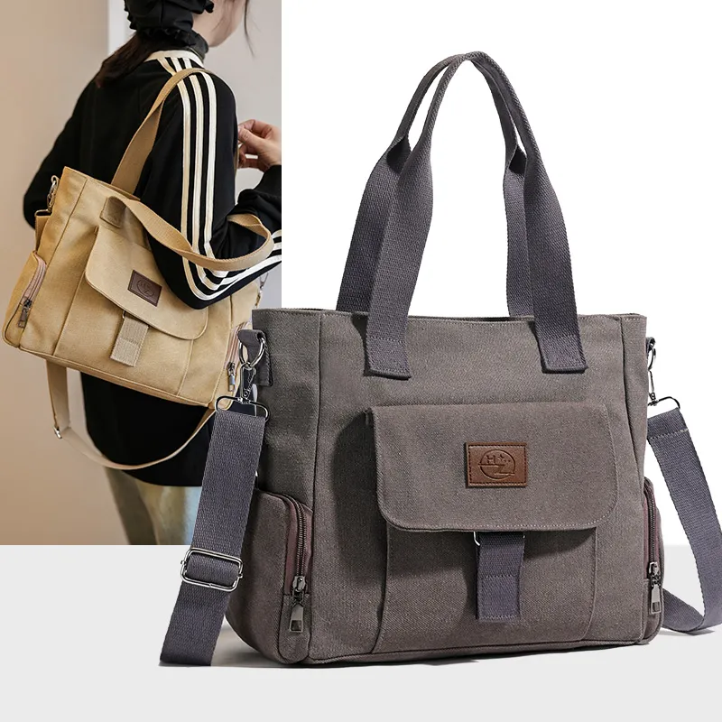 Canvas Tote Bag for Work, Large Capacity Shoulder Bag with Zipper Closure - 4