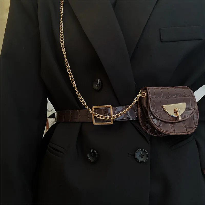 Women's Fashion Belt with Chain & Waist Bag, PU Leather Hip Hop Decor - 5