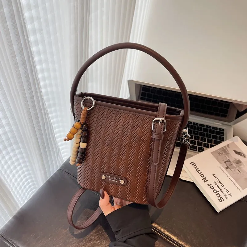Woven Bucket Bag Women's Fashion Shoulder Crossbody Purse Retro - 4