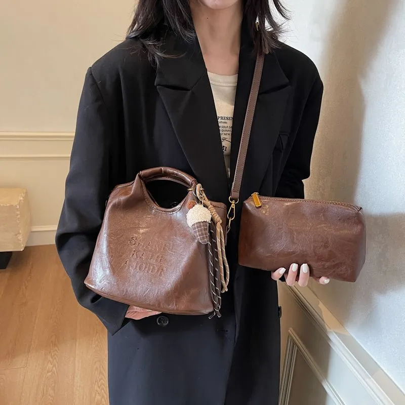 Retro Soft Leather Tote Bag 2024 Women Crossbody Shoulder Bag - 5