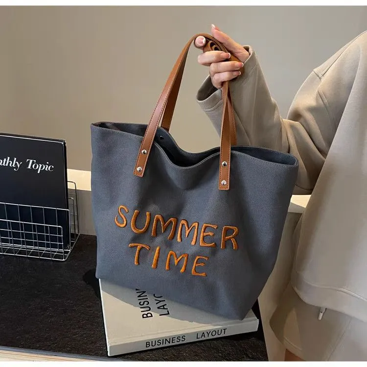 Embroidered Letter Canvas Tote Bag Large Capacity Commuter Shoulder Bag - 1