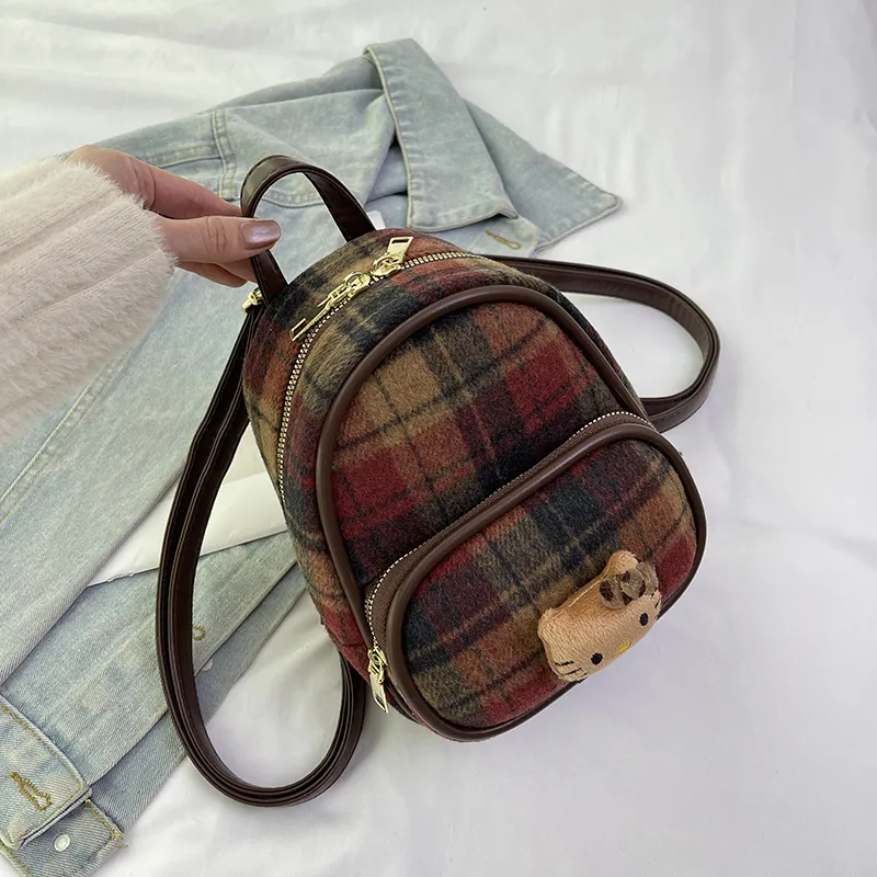 Retro Tweed Mini Backpack for Women, Ins Student Small Bookbag - 4