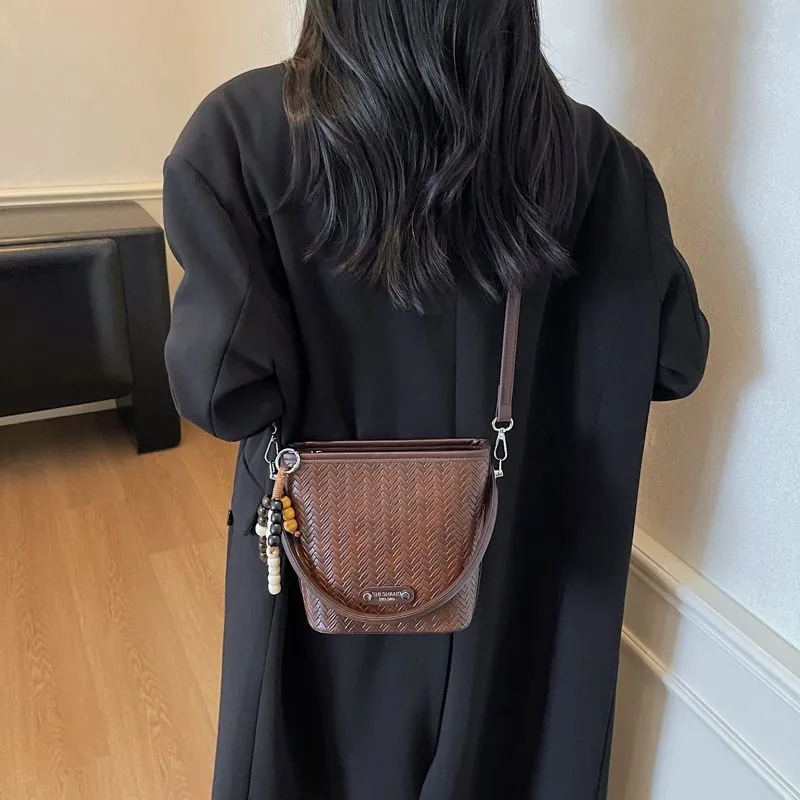 Woven Bucket Bag Women's Fashion Shoulder Crossbody Purse Retro - 5