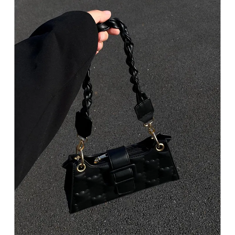 2024 Minimalist Square Embossed Black Underarm Bag for Women - 1