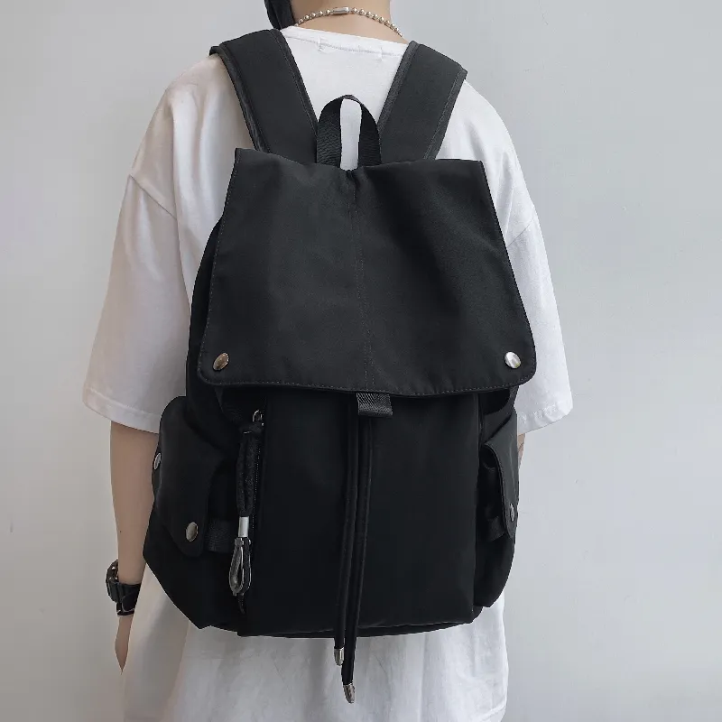 Solid Color Backpack Men Large Capacity Travel Laptop Bag Drawstring - 1