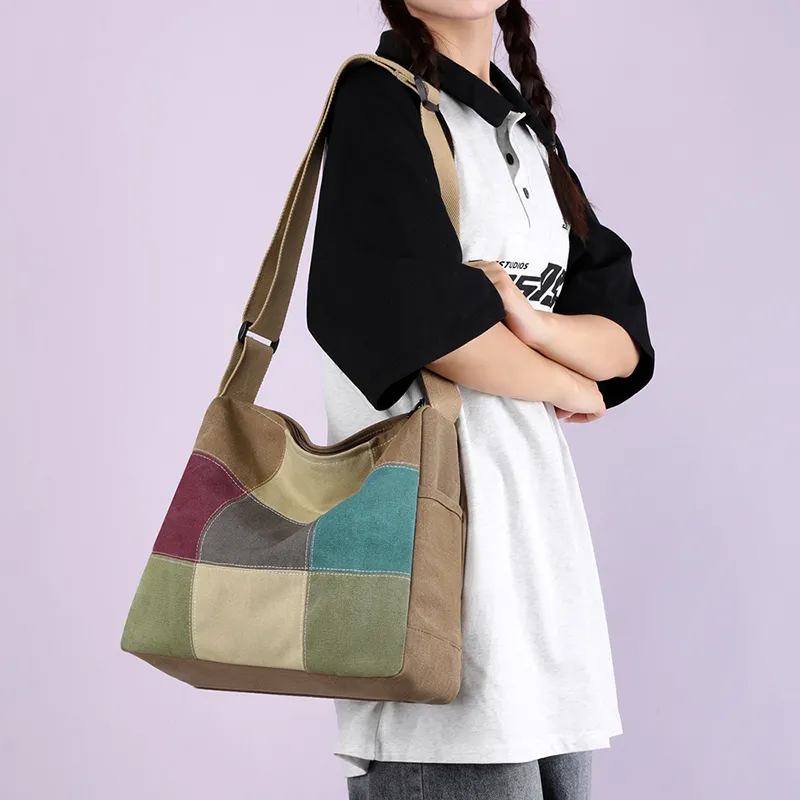 Color Block Shoulder Bag, Lightweight Canvas Tote for Women, High-Quality Commuter Bag - 5