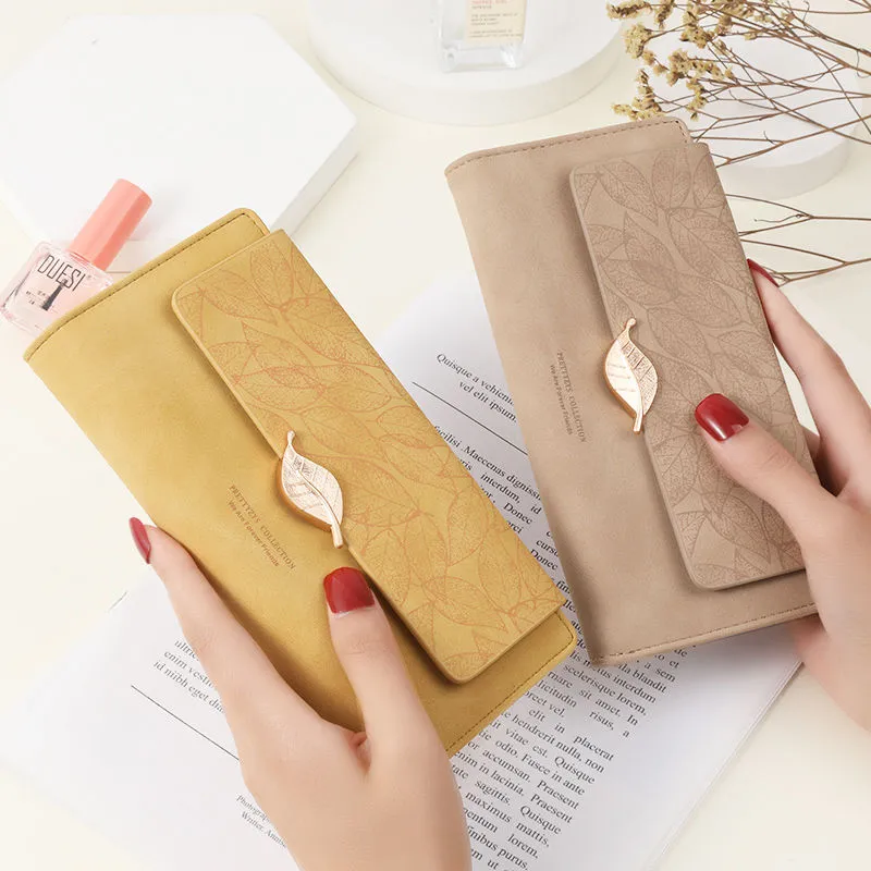 Women's Long Wallet 2025 Retro Matte Leaf Design Slim Purse Fashion Clutch - 2