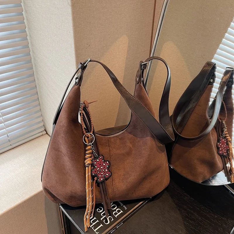 Vintage Suede Tote Bag Large Capacity Crossbody Purse - 1